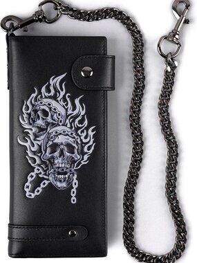Men's Skull Biker Leather Wallet with Chain, RFID Blocking, Extra-Large
